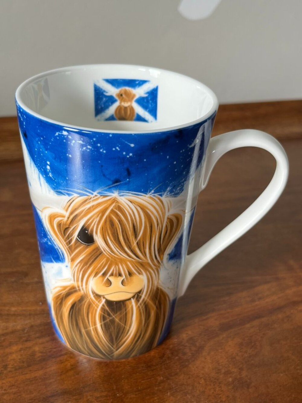 The McMoos Highland Cow Bone China Mug Scottish Flag Scotland Jennifer Hogwood